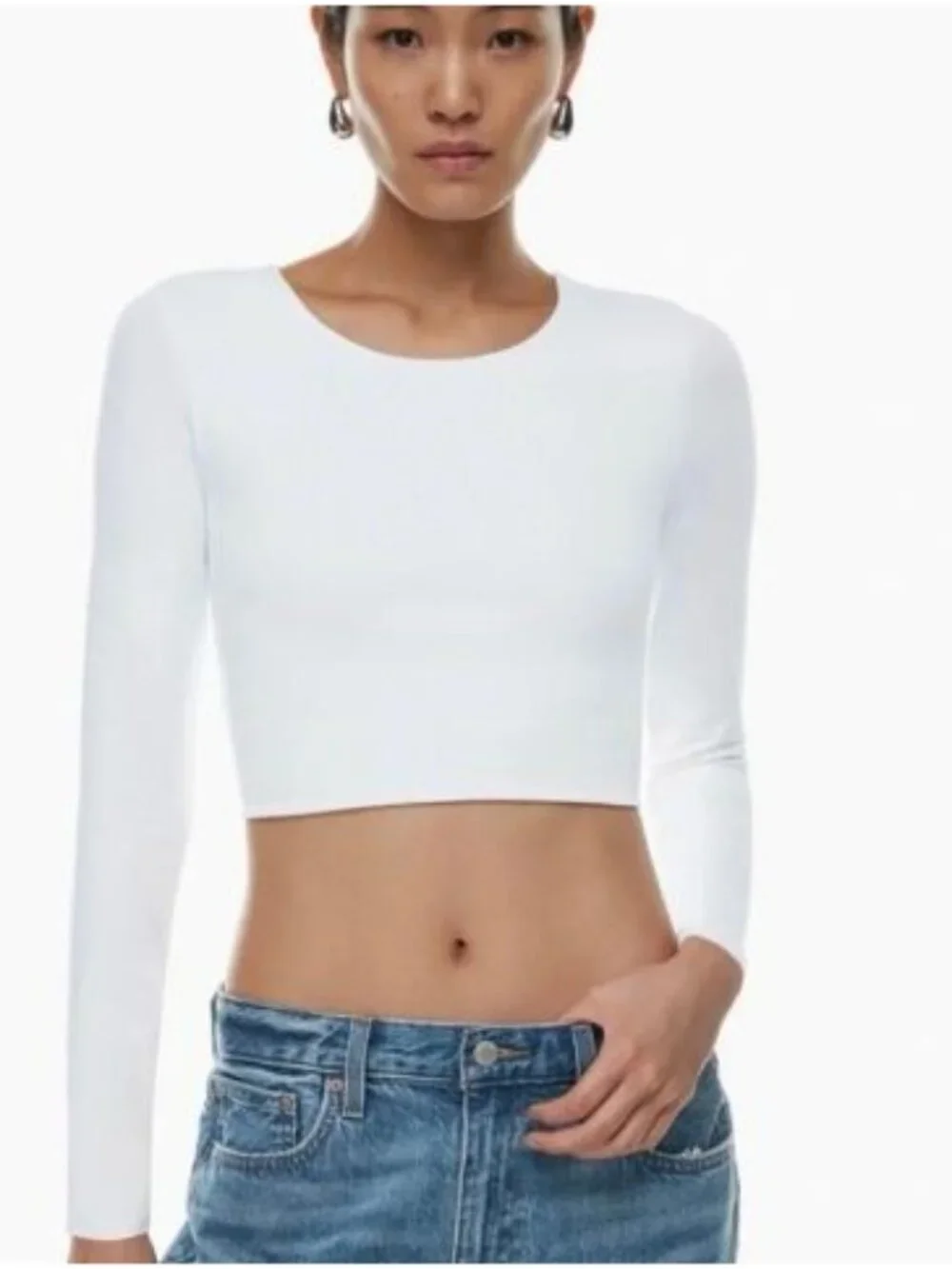 Aritzia Babaton Long Sleeve Crew Neck Crop Top White Double Layer Stretch Small